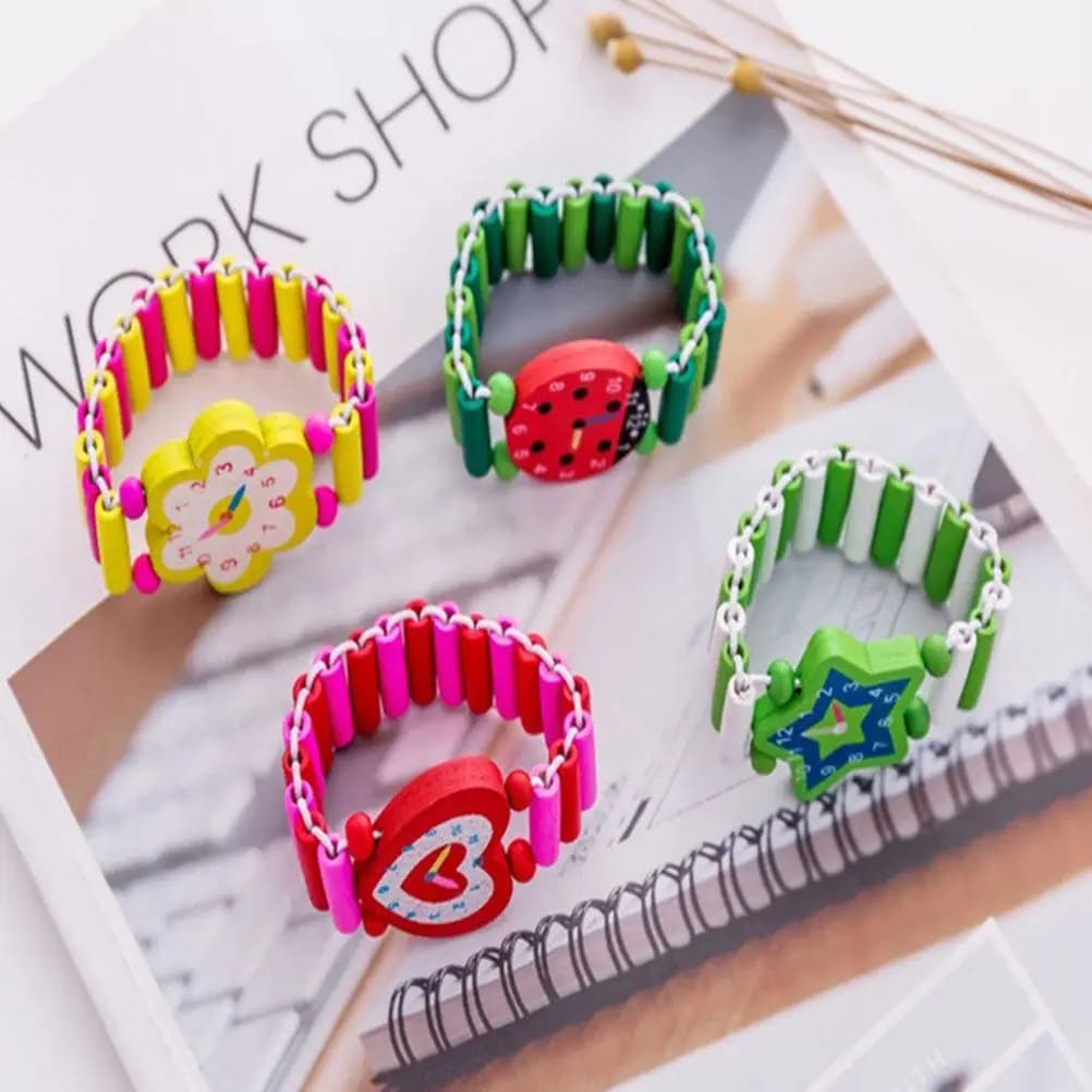 5 Pezzi Orologio in Legno a Cartoni Animati, Decorazione Luminosa da Polso, Giocattolo Educativo per l'Apprendimento Precoce del Tempo, Divertente per Bambini