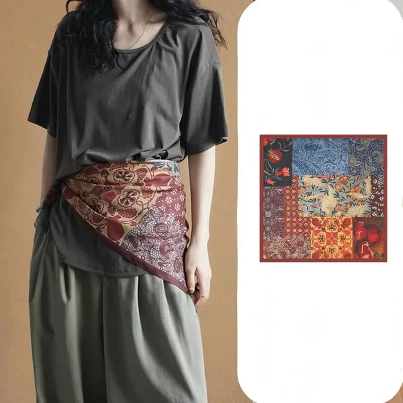 2026 Oil Painting Retro Literary Silk Scarf Small Square Cashew Nut Silk Scarf 70 cm Elegant Decorative Waist Seal Belt