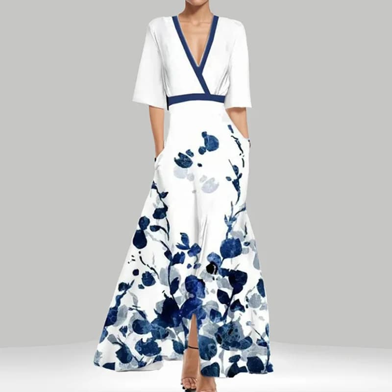 Primavera Estate Donna Moda Scollo a V con cintura Abito lungo da festa Manica corta Tasca Femlae Vacanza Abiti maxi con stampa ampia oversize