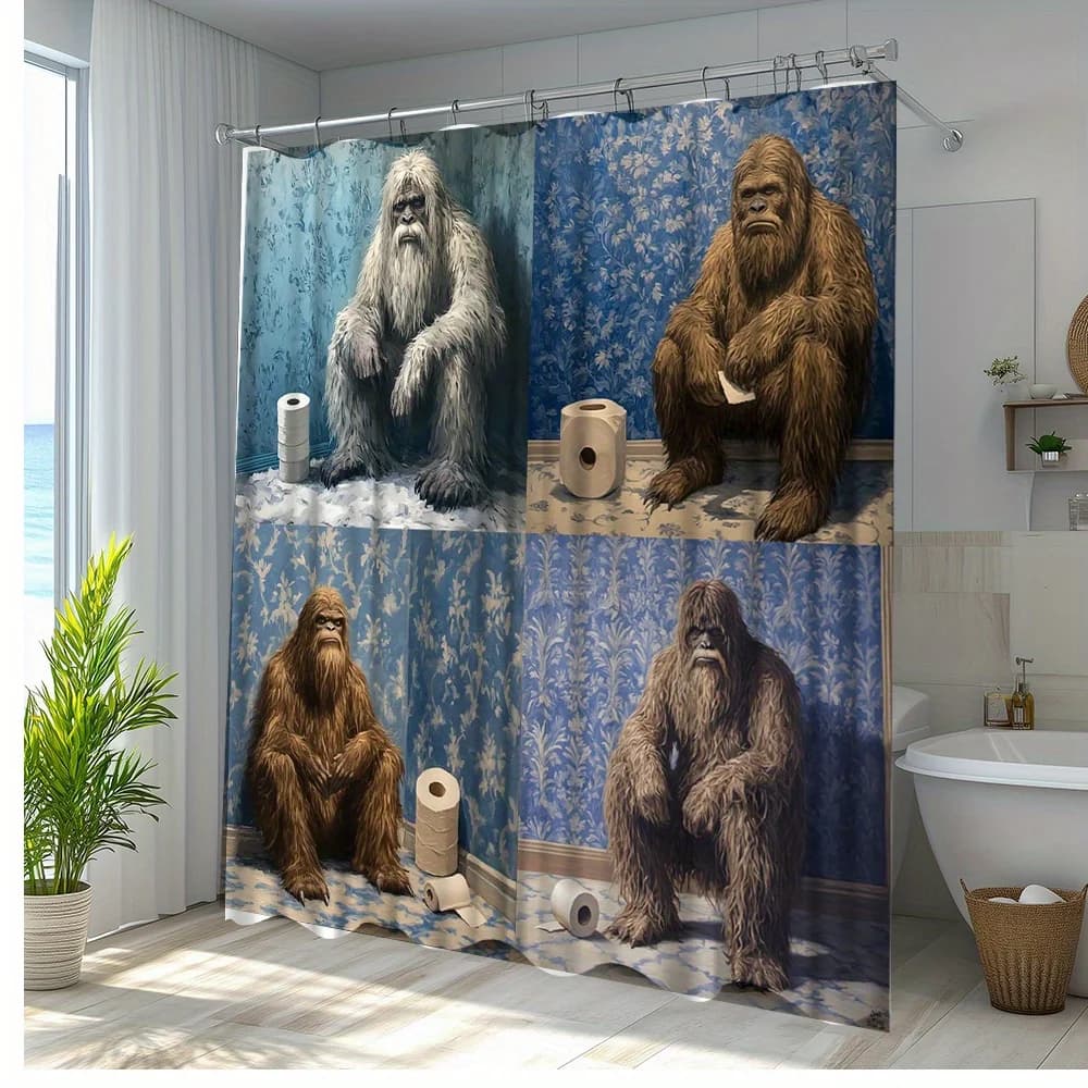 Tenda da doccia divertente Bigfoot da 1 pezzo con scene umoristiche a 4 pannelli - Tessuto in poliestere resistente, lavabile in lavatrice, include 12 ganci,
