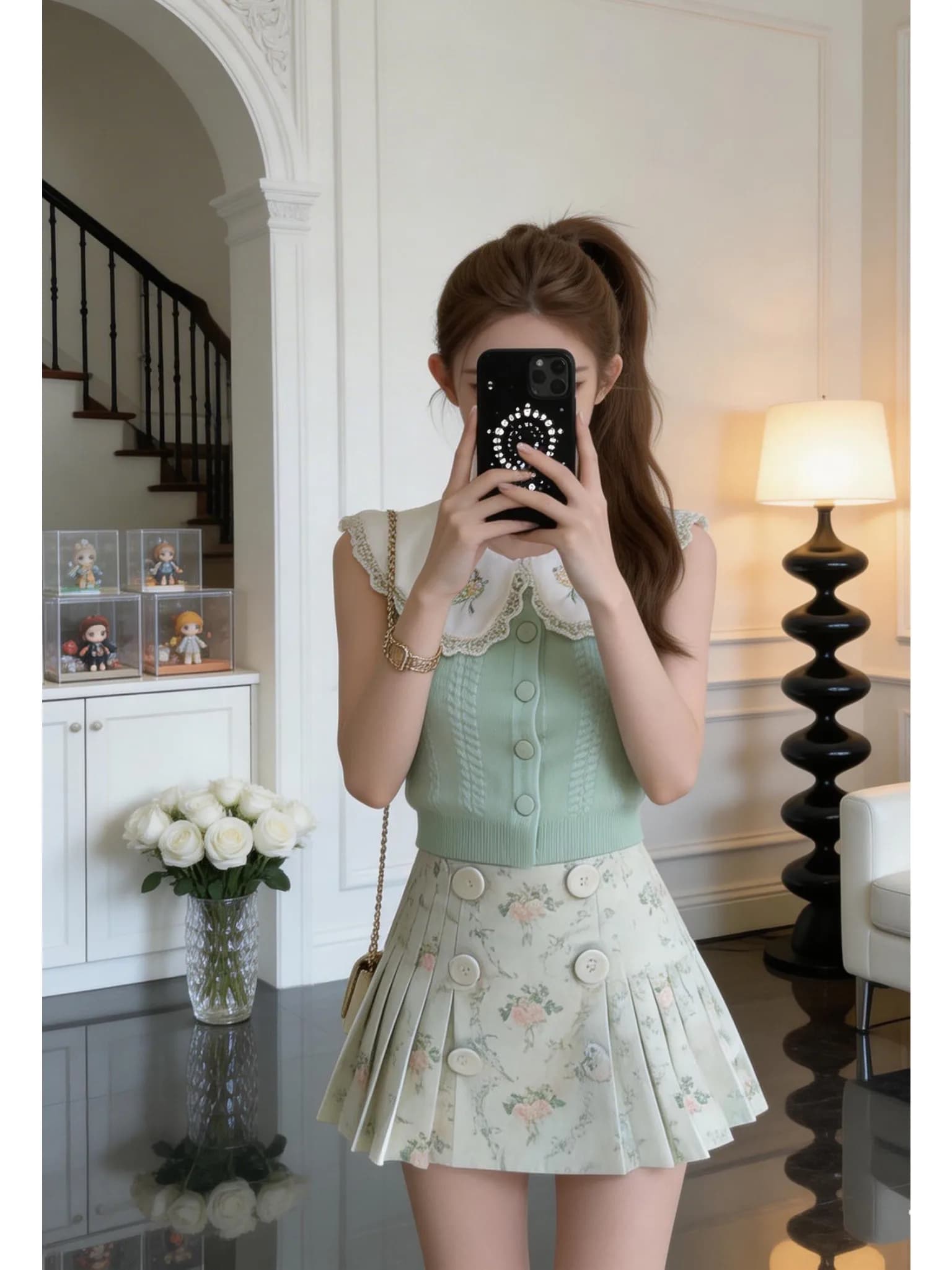Burjuman Summer Fashion Embroidered Ice Linen Knitted Top And Short Skirt Set with Double Breasted Buttons Floral Print Green