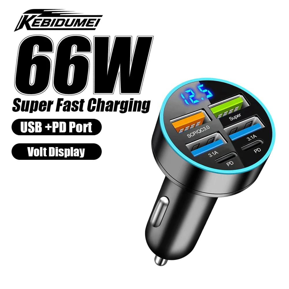 KEBIDUMEI Caricabatteria da auto 6 porte PD QC3.0 Caricatore del telefono USB Adattatore di ricarica rapida Display digitale da 66 W per accessori auto iPhone