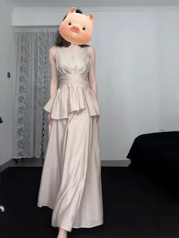Summer Sleeveless Vest Dress Women's Waist-Cinching Set Long Skirt Fashionable Two-Piece Suit V-Neck Long Pants Student Uniform