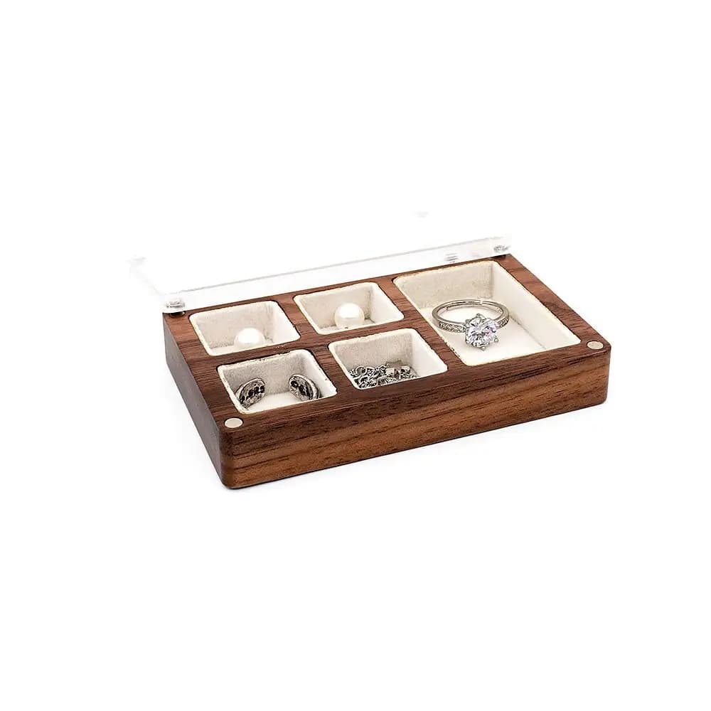 Scatola in legno a 3/5 scomparti per anelli, con coperchio magnetico e finestra, in noce nero, porta gioielli rettangolare squisito per anelli e gemelli