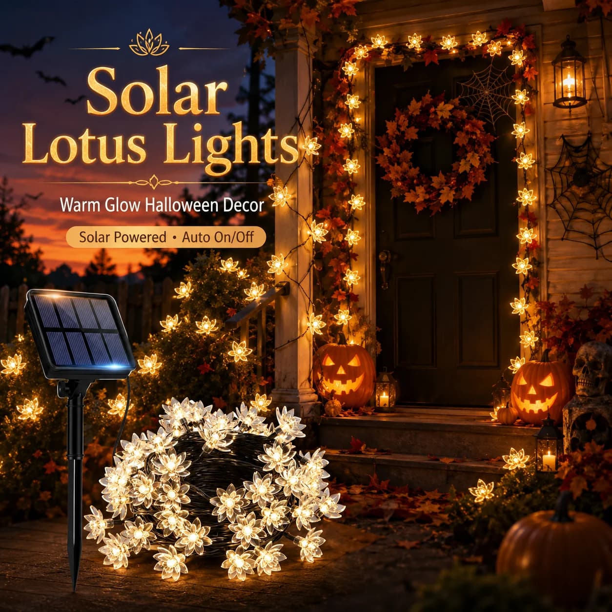 2PCS Solar Lotus String Lights 8 Modes Warm White LED Flower Fairy Lights for Halloween Garden Yard Patio Porch Decor