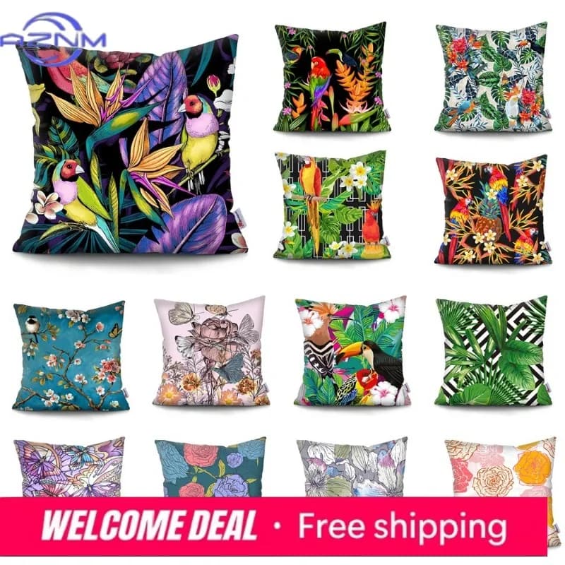 Set di cuscini 45x45 cm con pappagallo e piante tropicali per divano - Decorazione