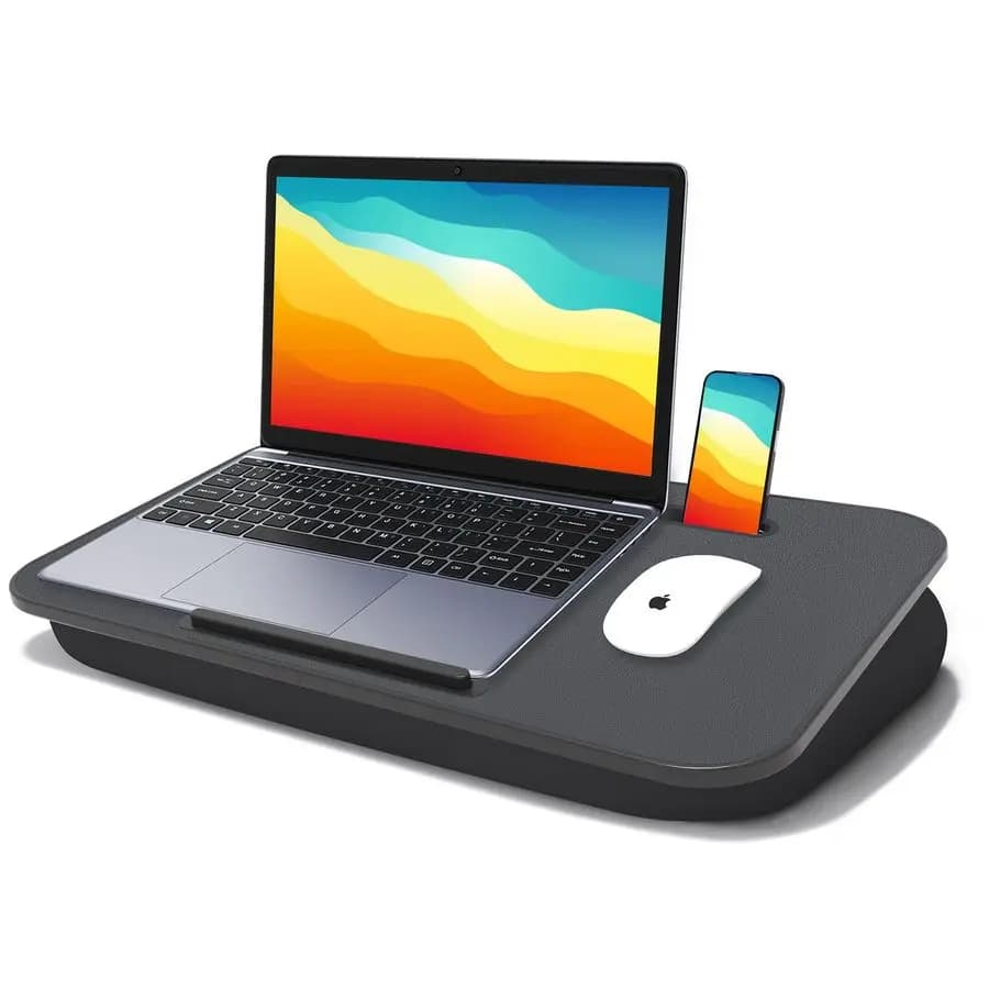 Scrivania, tavolino da scrivania con cuscino, adatto per laptop fino a 17 pollici, design a cuscino, supporto portatile per laptop con vassoio, supporto per tablet e telefono