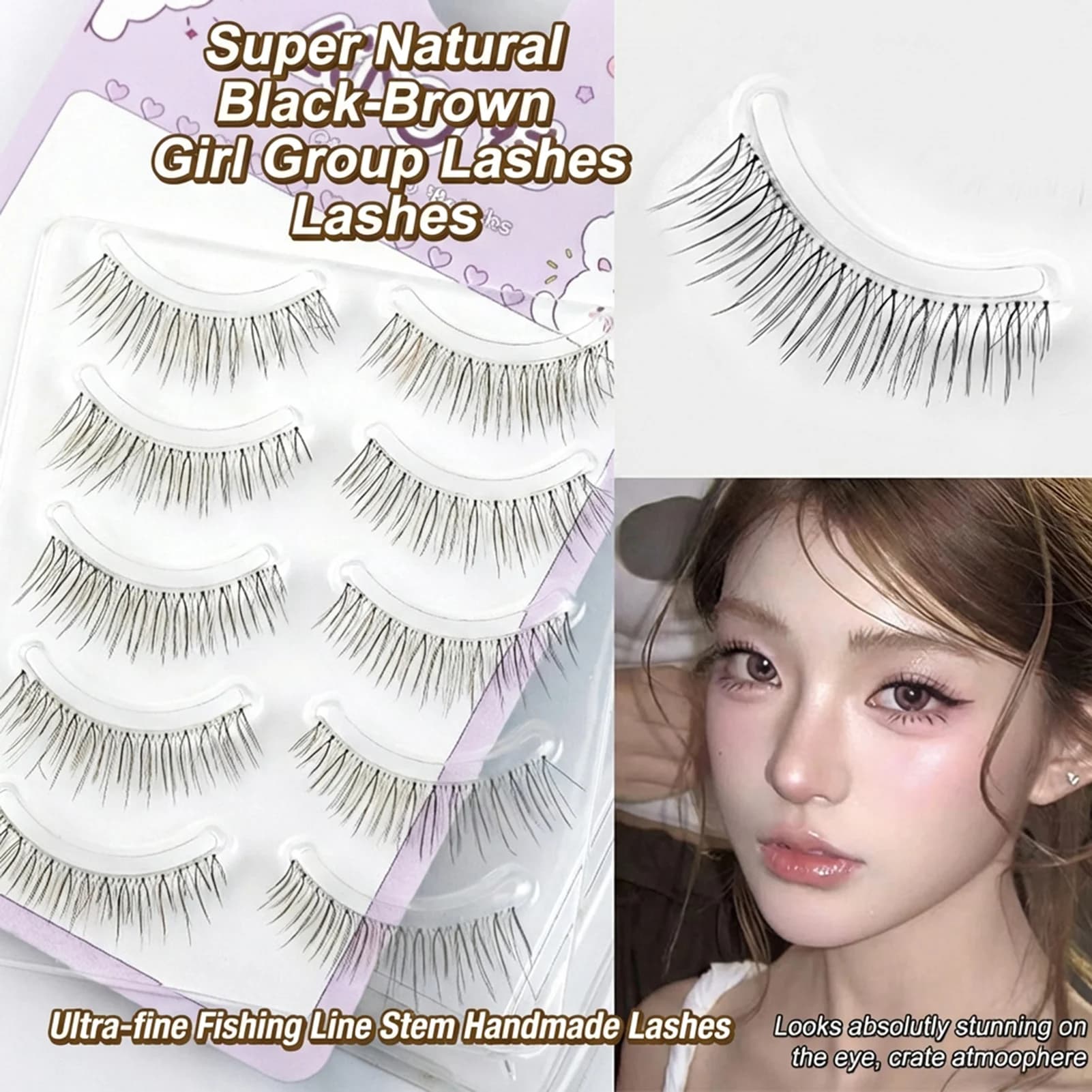 5 Paia di Ciglia Finte a U Stile Coreano, Nere e Marroni, per un Look Naturale, Ciglia Morbide e Lunghe, Extension Ciglia Monopezzo
