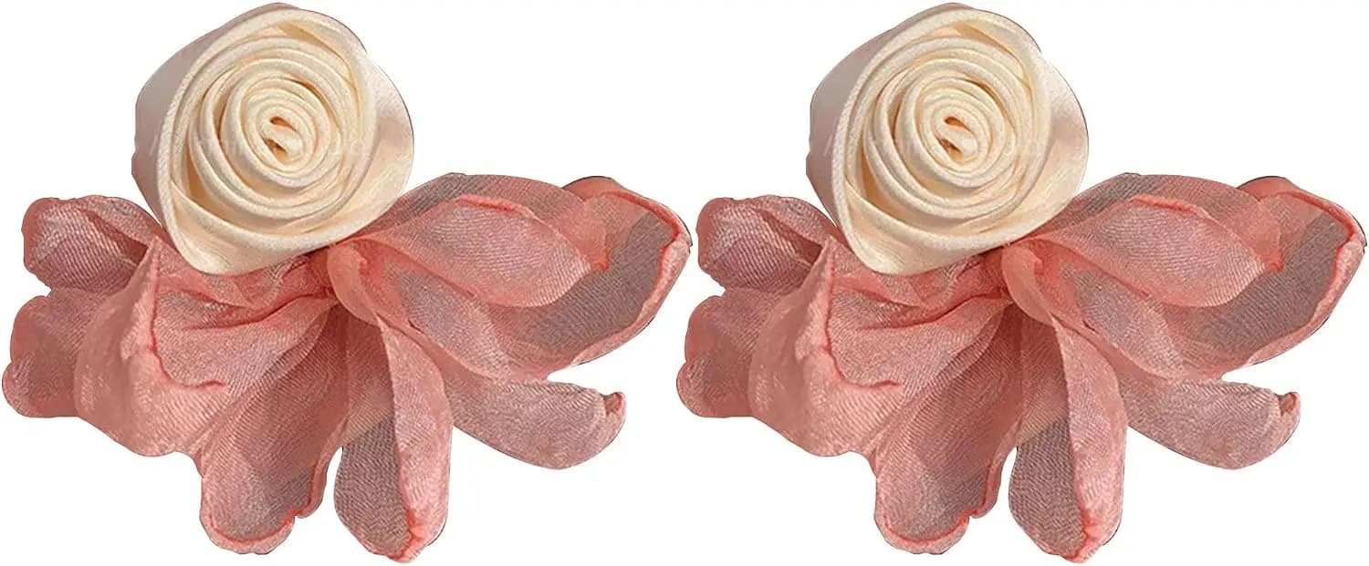 Large Rose Flower Statement Earrings Pink Fabric Flower Earrings Stud Oversized Exaggerated Dangle Earrings Jewelry for Women