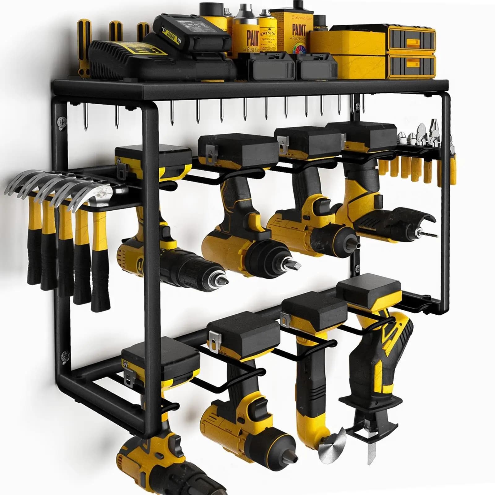 Heavy Duty Metal Power Tool Organizer Wall Mount 3-Tier Storage Rack 8 Electric Drill Holders with Hooks Space Saving Steel Shelf Bracket for Garage Organization Workshop Hardware Tools Stand