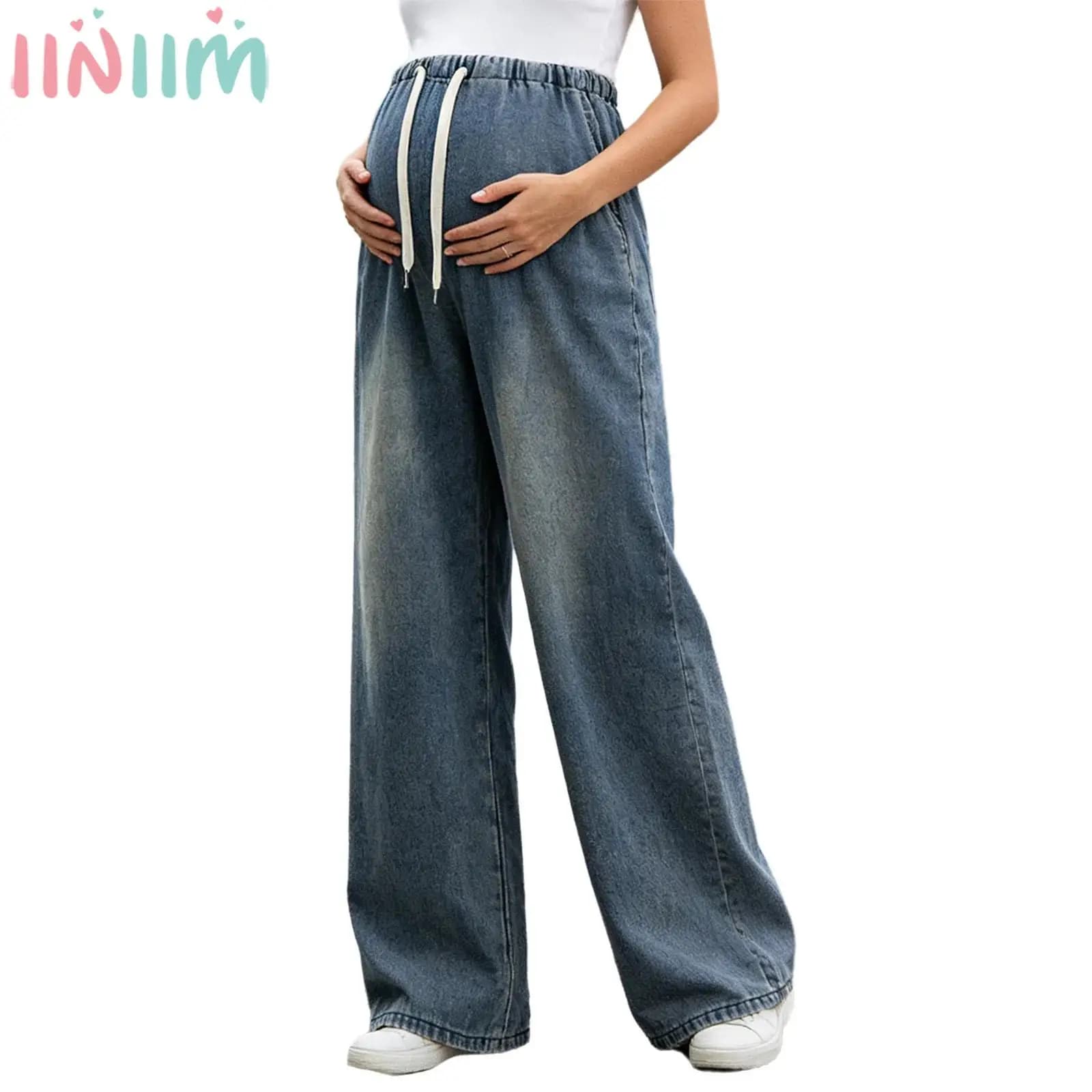 Jeans Casual alla Moda per Donne in Gravidanza, Pantaloni in Denim a Gamba Larga con Vita Elasticizzata per Ufficio, Lavoro, Vacanze e Shopping