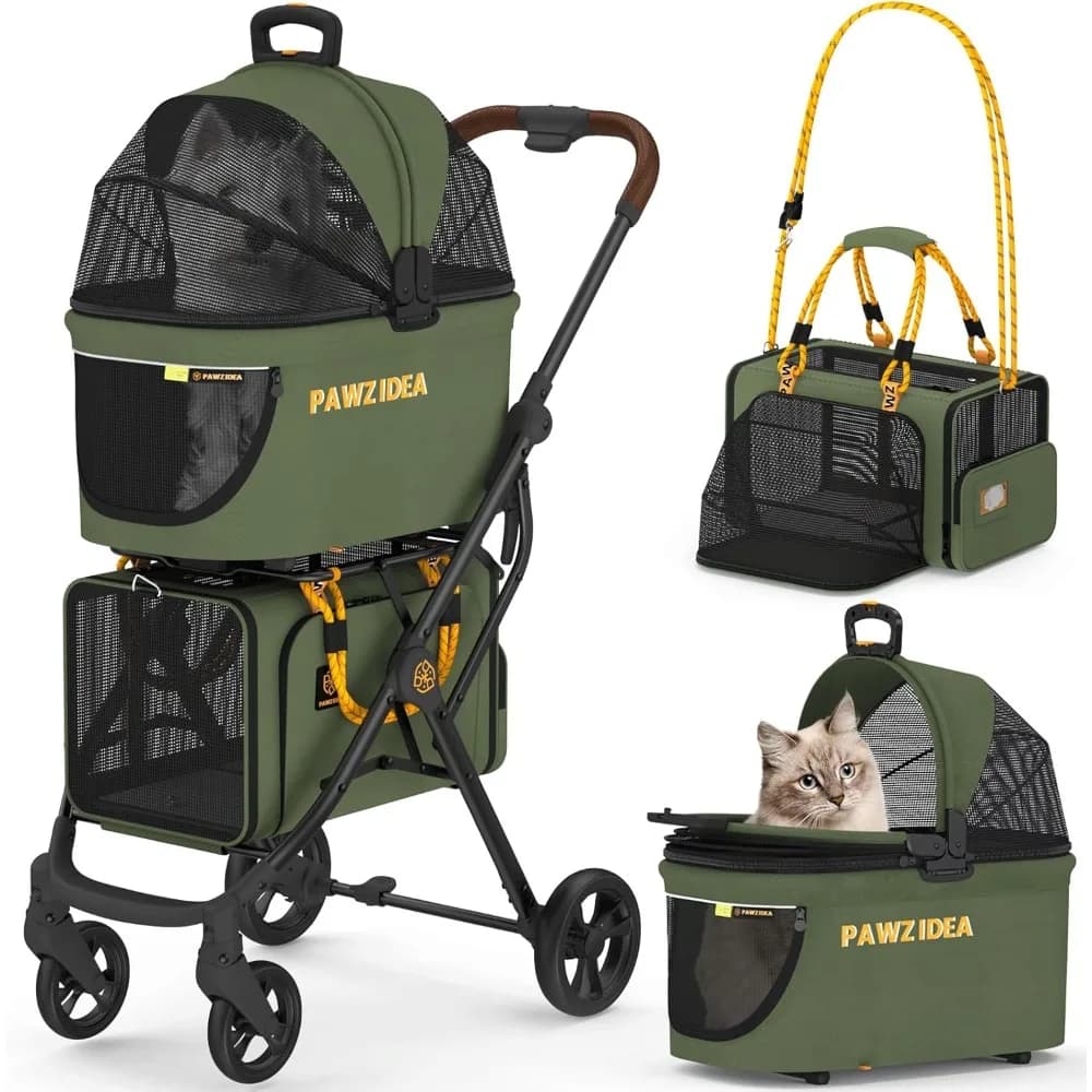 Passeggino Doppio per Animali Domestici con 2 Trasportini Rimovibili, Gabbia da Viaggio per Cani Approvata TSA, Trasportino Espandibile per Gatti, Pieghevole e Leggero