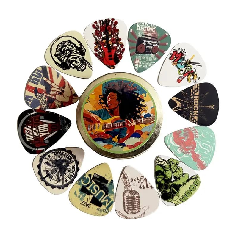 【New User-Coupon!】12PCS ABS Guitar Picks With Metal Box - Colorful Printed Plectrums For Electric/Bass, Guitar Accessories Gift