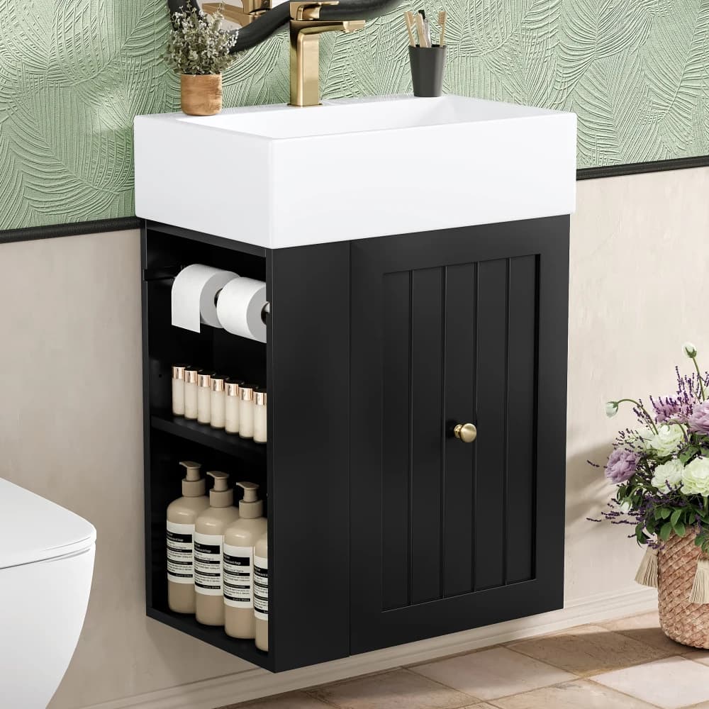 Mobile da Bagno da 20 Pollici: Lavabo in Ceramica, Mobile in MDF (Cassetto, Ripiano Laterale, Maniglia Dorata) – Compatto