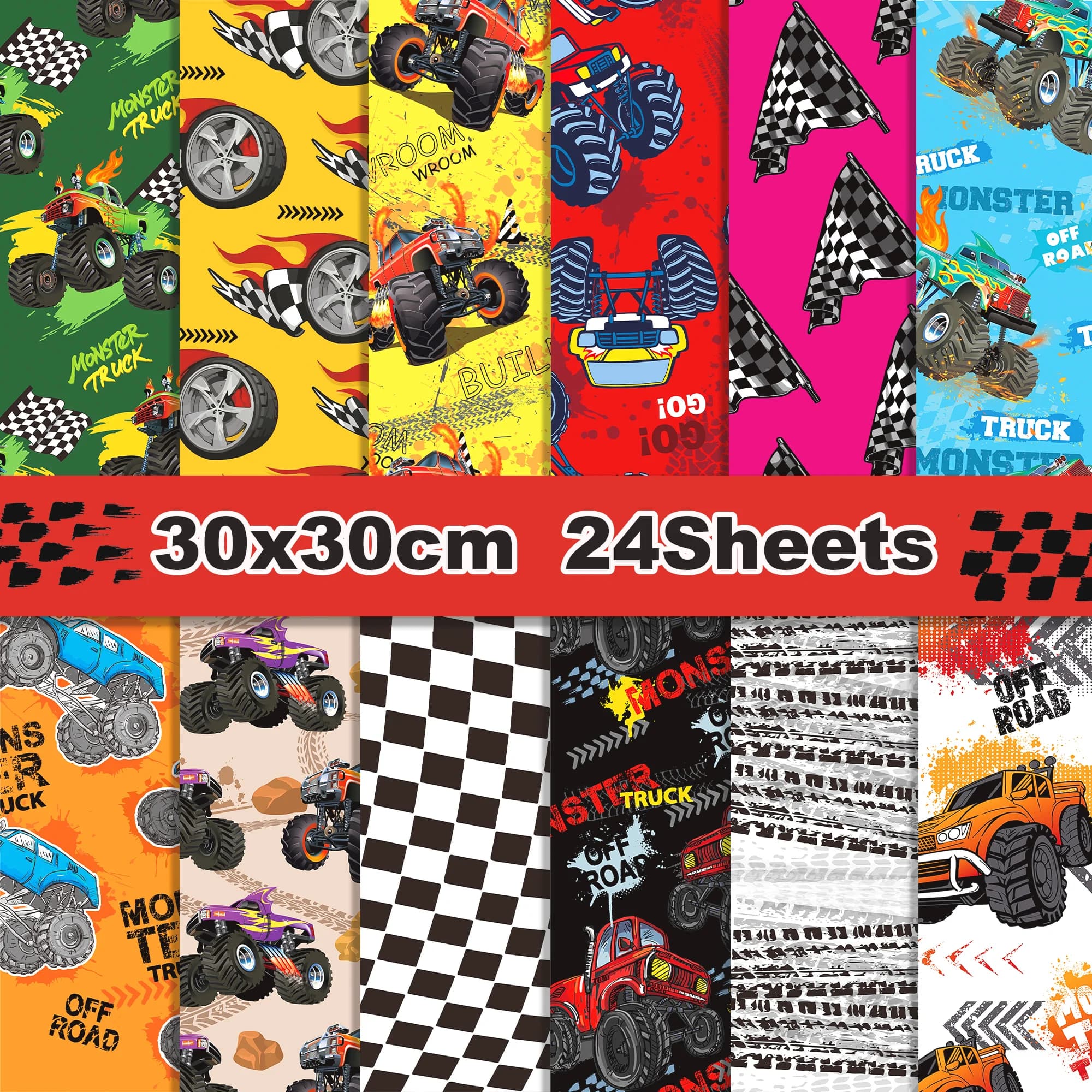 24pcs 30*30cm Cartoon Monster Truck Scrapbook Craft Paper Art Background Paper Origami Card Making Photo Album Scrapbooking
