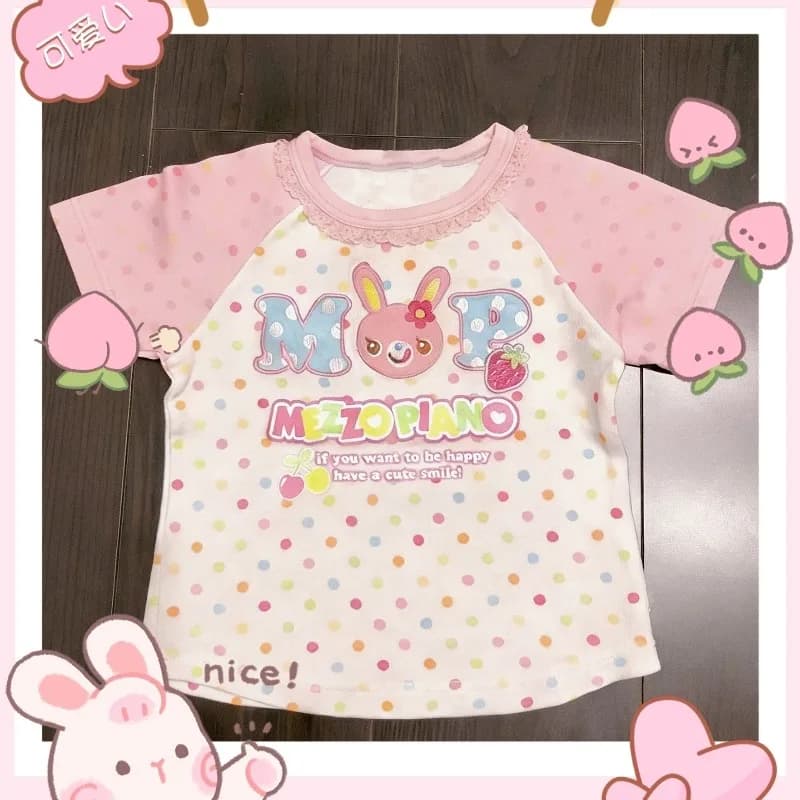 T-shirt estiva giapponese Kawaii con stampa a pois e coniglietto, da donna, dolce e carina, girocollo, a maniche corte, stile Y2K Harajuku, top slim alla moda.
