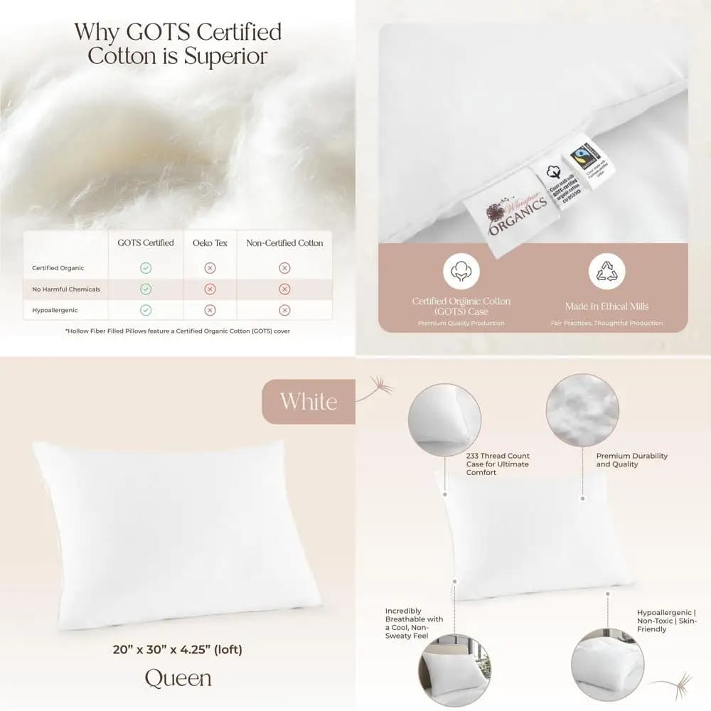 Cuscino Queen Size in Alternativa alla Piuma - Supporto Ergonomico Premium per Chi Dorme sulla Schiena, sullo Stomaco e di Lato con Rivestimento Organico e Leggero