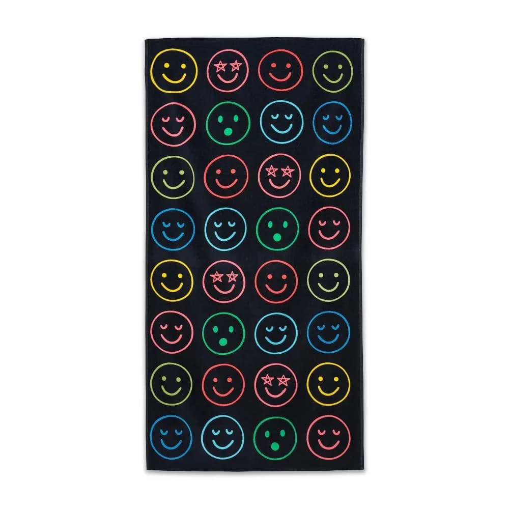 Colorful Kids Cotton Beach Towel 30 x 60 Inches Neon Smiles Pattern Super Soft Absorbent Quick Dry Bath Towel for Children Boys Girls Summer Pool Beach Bathing Swimming Travel Outdoor Activities Fun Cartoon Towel Gift