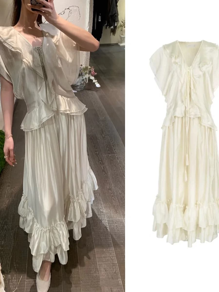 Fashionable Versatile V-Neck Acetate Lace Trim Dress Shanghai Huayi 26ss Knot Waist Skirt Korean Style Skin-Friendly Breathable