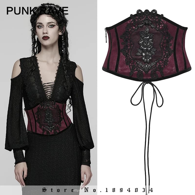 PUNK RAVE Women's Gothic Embossed Gorgeous Cummerbund Side Zipper Contour Segmentation Party Club Belts Accessories 2 Colors