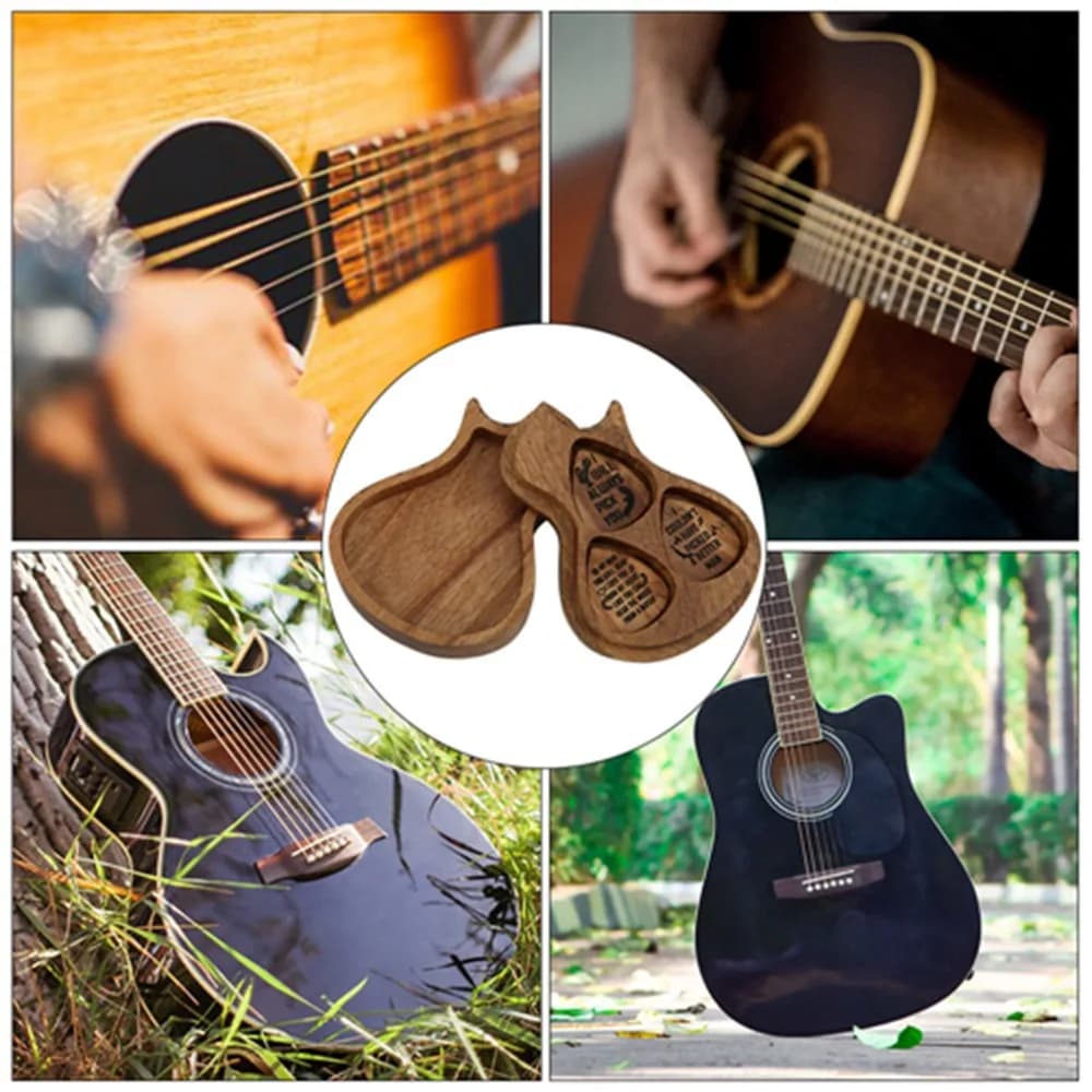Set di 3 Plettri per Chitarra ​ Set di plettri per chitarra ​ ​ Contenitore per plettri ​ A forma di chitarra ​ Scatola per plettri da chitarra ​ Inciso ​ ​ Con custodia ​
