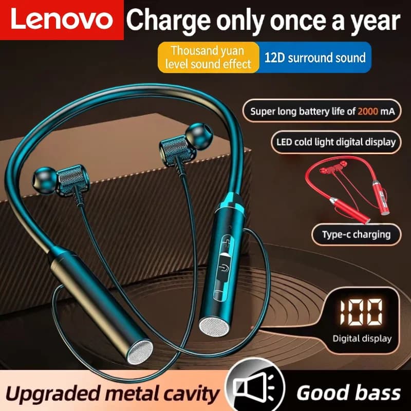 Lenovo Bluetooth Wireless Headphones with Neck Strap, Stereo Headphones for Games and Sports, Waterproof, Magnetic, with LED Display