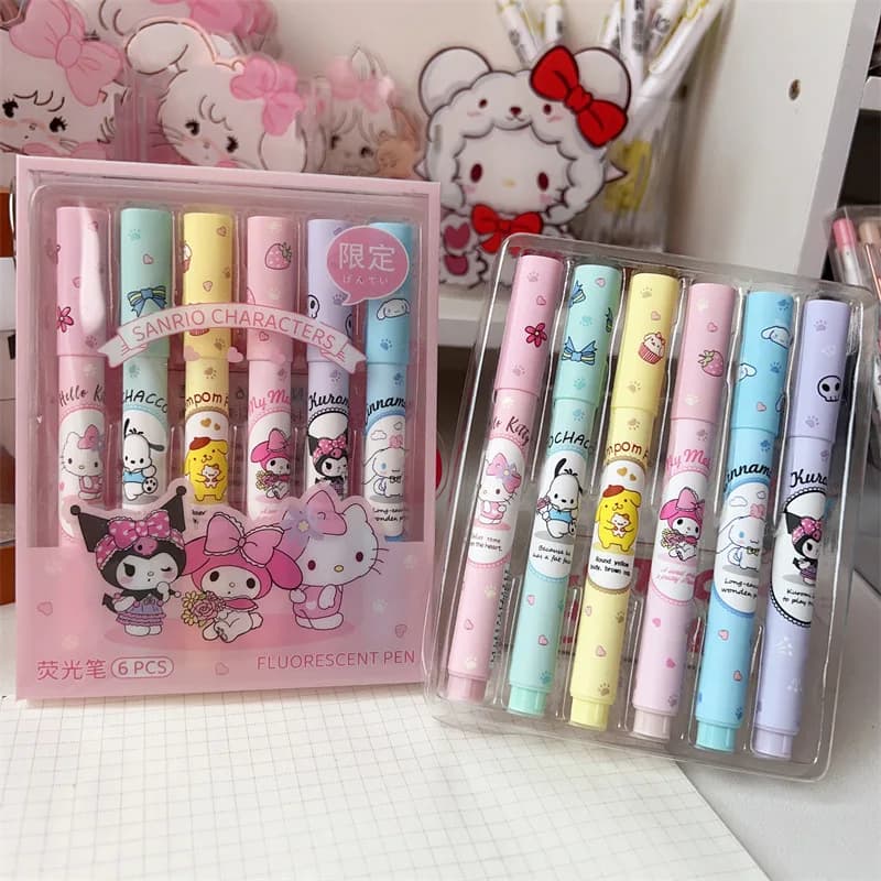 Set di 6 Evidenziatori Sanrio Kuromi My Melody Cinnamoroll Hello Kitty Kawaii, Pennarelli Fluorescenti per Scuola e Ufficio