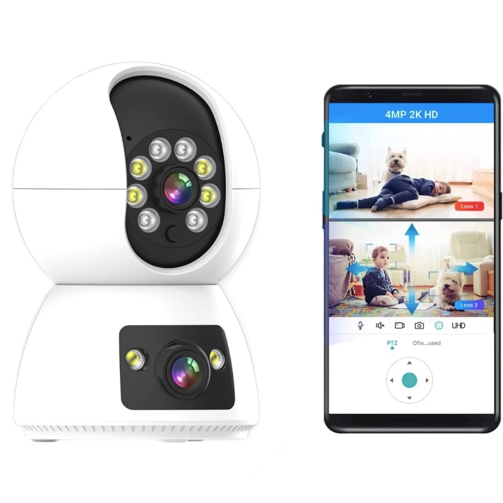 Telecamera di Sicurezza per Bambini con Doppia Lente e Doppio Schermo, Risoluzione 4MP 2K, Pan Tilt Zoom/Avvisi di Movimento, Ideale per Funzionare con Alexa