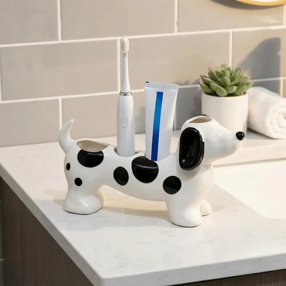 Portaspazzolino in Ceramica a Forma di Bassotto, Supporto Salvaspazio per Spazzolino Elettrico con 4 Scomparti, Base Decorativa per Dentifricio e Spazzolino