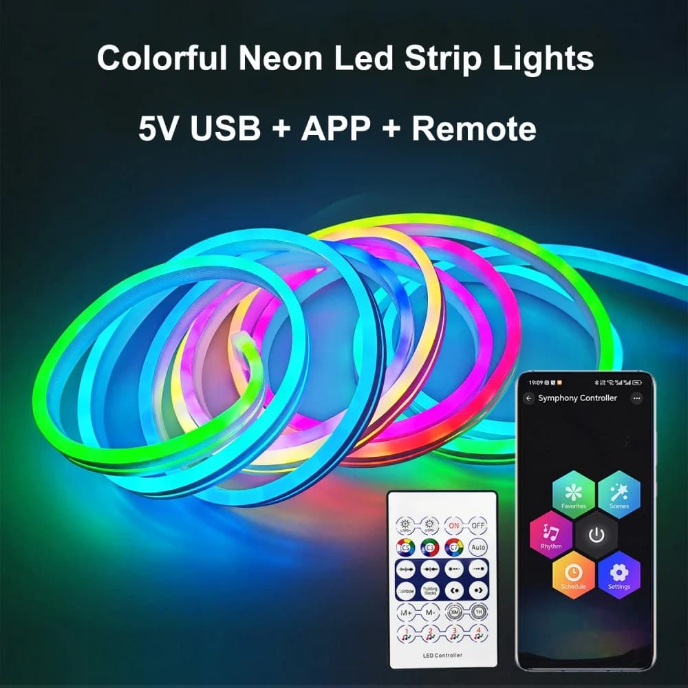 Colorful LED Neon Strip Lights Bluetooth APP Remote Control 5V USB LED Light DIY Waterproof Outdoor/Indoor Decor
