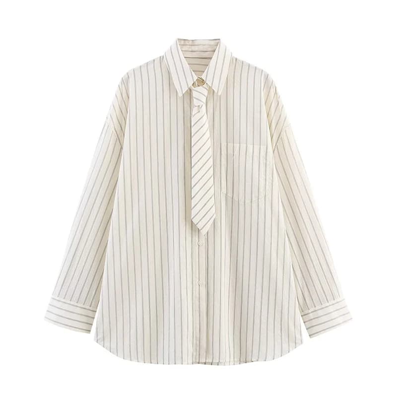 Camicia a righe a maniche lunghe stile fidanzato Donna Colletto rovesciato coreano Camicetta ampia Camicie da donna con design a cravatta monopetto