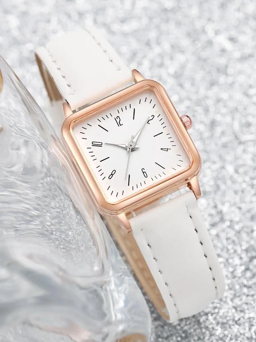1pc White PU Polyurethane Strap Fashionable Square Dial Quartz Watch & 1pc Chain Bracelet, For Daily Life As A Gift For