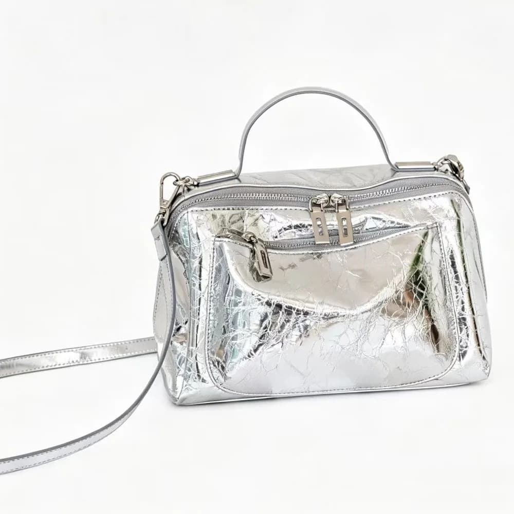 Borsa a Mano Multitasca in Pelle di Vacchetta per Donne, Borsa Lucida con Manico Superiore Stropicciato 2026, Borsa a Tracolla Casual per Uso Quotidiano
