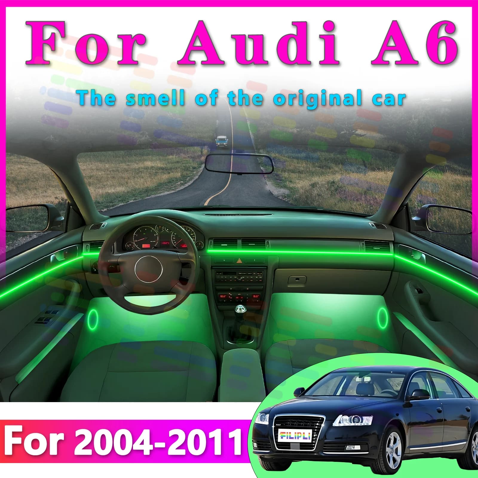 Striscia LED RGB per Interni Auto Audi A6 2004-2011, Luce Ambiente Invisibile in Fibra Ottica, Lampada Neon Decorativa Controllabile tramite App