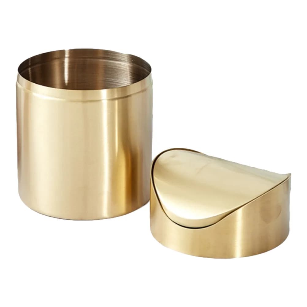 Mini Cestino per Rifiuti in Acciaio Inox Dorato con Coperchio a Pressione, Compatto per Scrivania, Bancone, Auto, Elegante Contenitore per Ufficio