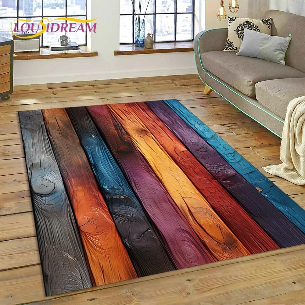 Tappeto personalizzato in legno colorato 3D con venature del legno per l'arredamento della camera da letto del soggiorno, tappetino antiscivolo per zerbino del divano
