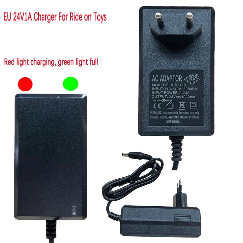Caricabatteria per auto elettrica per bambini con spina europea 24V1A con richiesta di luce, adattatore di alimentazione per auto giocattoli da corsa, caricabatteria da 6V 12V, 2,1MM