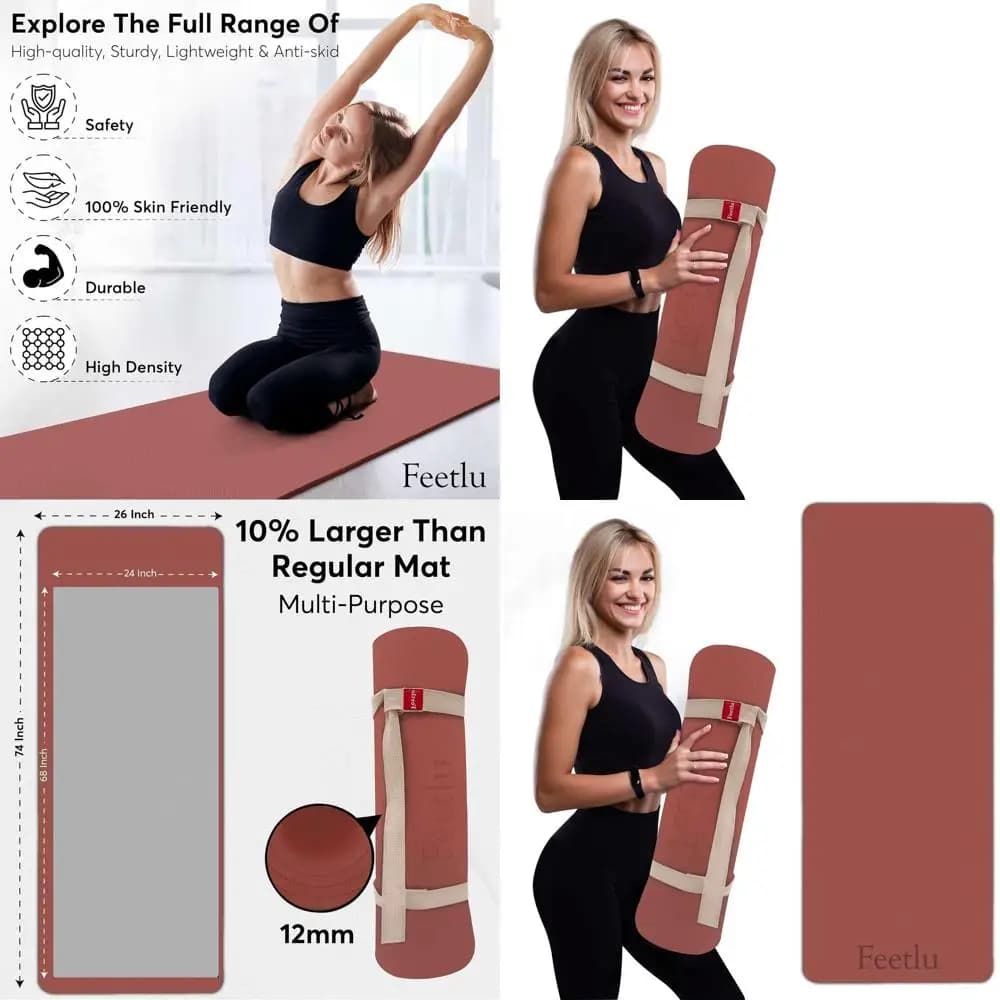 12 mm thick yoga mat with anti-slip and padded support for fitness, pilates and workouts - Includes classic strap