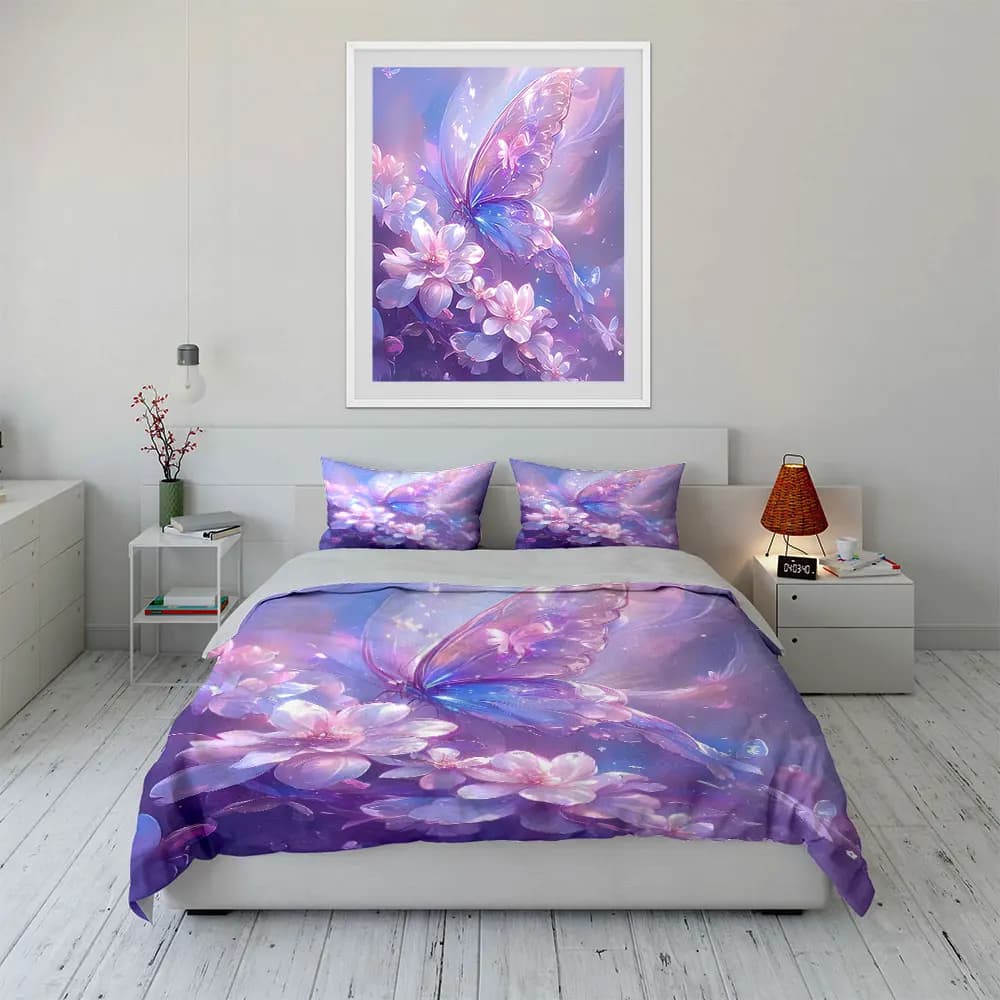 Butterfly Floral Art Decor Set Bedding Set with 1 Duvet Cover 2 Pillowcases Single Double King Queen, Gift