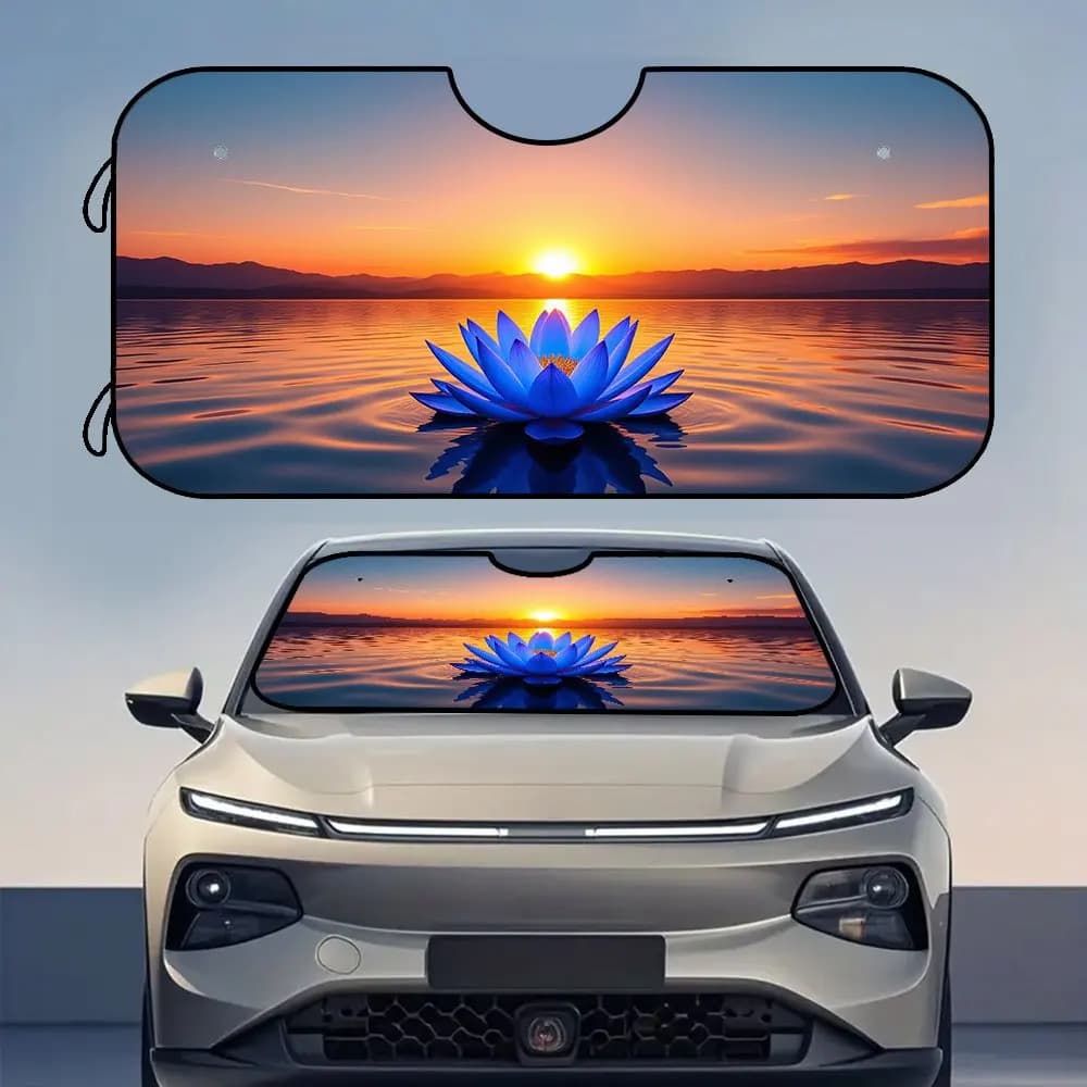 1 pezzo, parasole per parabrezza con stampa riflettente al tramonto per il lago Lotus, visiera per auto pieghevole con ventose, ideale per il parcheggio nel centro commerciale