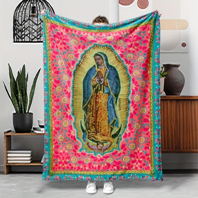 Coperta Artistica Bohemien Guadalupe, Stampa Monofacciale, Morbida e Calda in Flanella, per Divano, Letto, Meditazione, Arredo Accogliente, Regalo per i Credenti