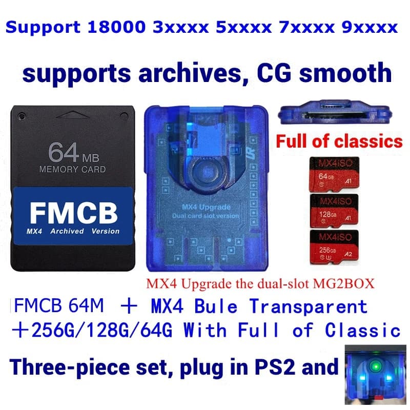 2025 Blu Trasparente PS2 MX4 aggiornato MG2BOX + Scheda FMCB + Scheda SD PS2 ISO da 256G/128G/64G - Scegli il pacchetto combinato