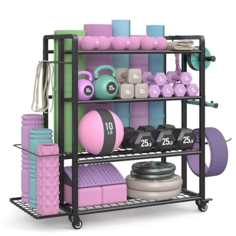 4-Tier Dumbbell Rack Stand Only, Adjustable Weight Rack for Dumbbells Kettlebells Yoga Mat, Home Gym Storage Rack with Wheels a