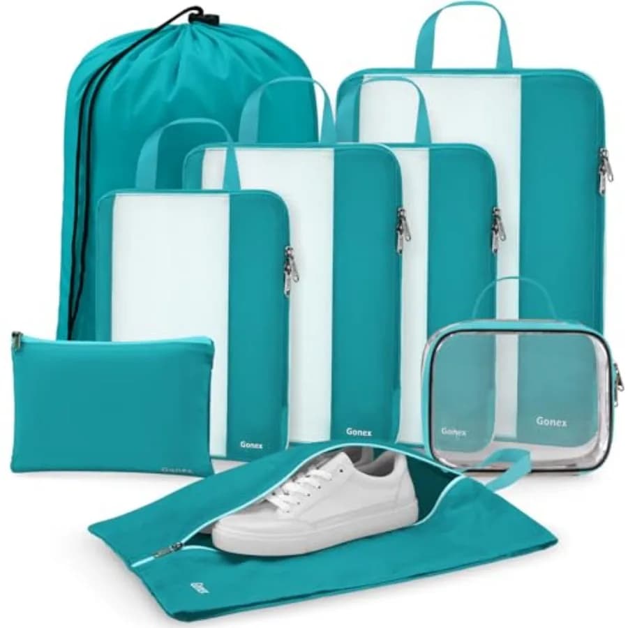 Set of 8 Expandable Organizing Cubes for Travel, Blue Color, Includes Bags for Toiletries, Laundry, Luggage Shoes and Cables