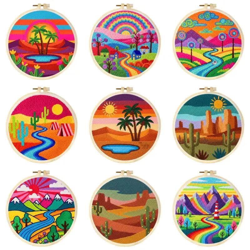 Embroidery Punch Needle Starter Kit Scenery Punch Needle Kit Sewing Diy Embroidery Poke Cross Stitch Set Home Decoration