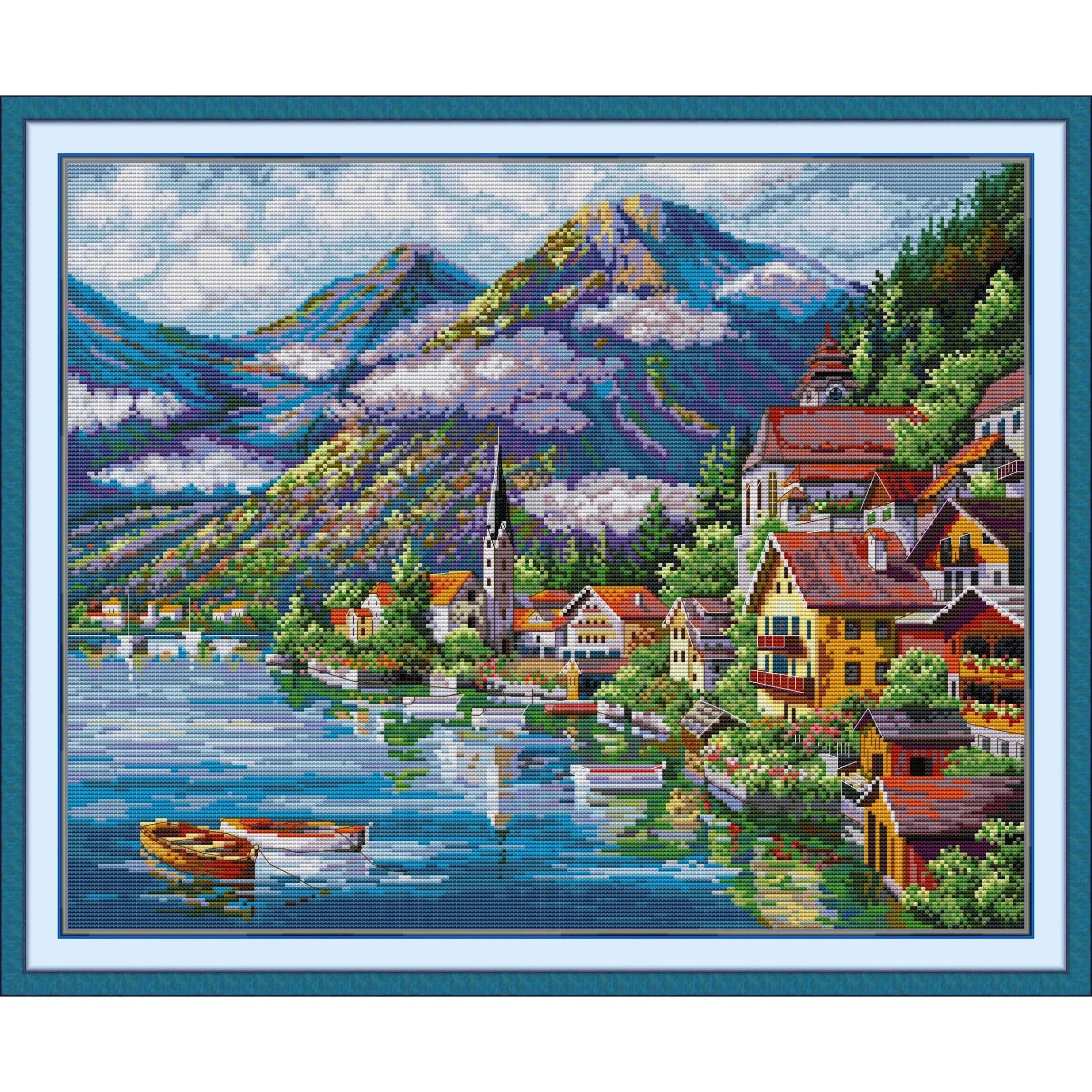 News Pre-Printed Cross Stitch Kit, Stamped Aida Fabric With DMC Threads,Embroidery Kit - Alpine Mountain Village