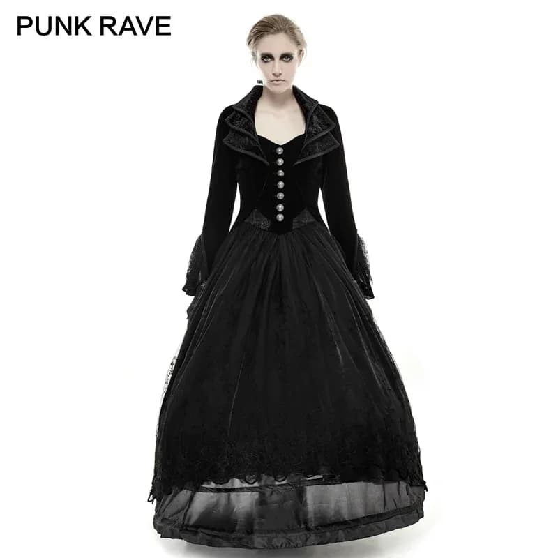 PUNK RAVE Coda gotica in pizzo Nero Cappotti lunghi vintage Donna Velluto Jacquard Manica intera Colletto a cascata Giacca Festa di Halloween