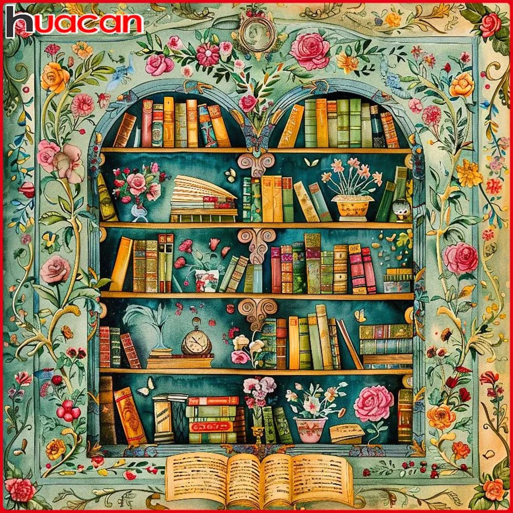 Huacan Full Square Round Drill Diamond Painting Bookshelf Diamond Mosaic Flower Art Decorative Paintings