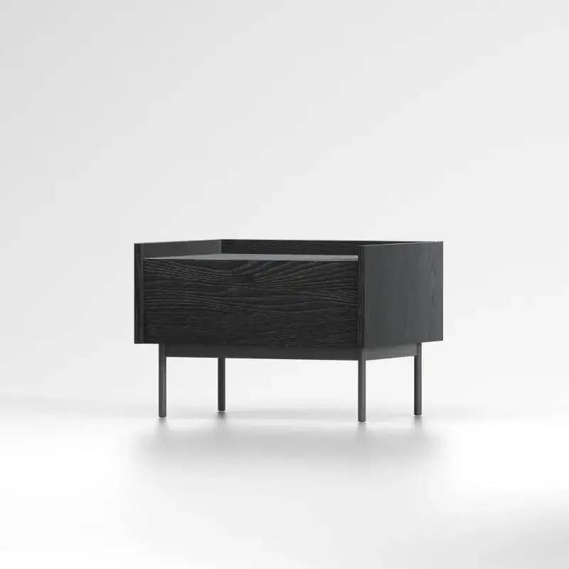 Comodino in legno con un cassetto, gambe sottili in metallo, pratico e minimalista, per camera da letto e spazi interni moderni