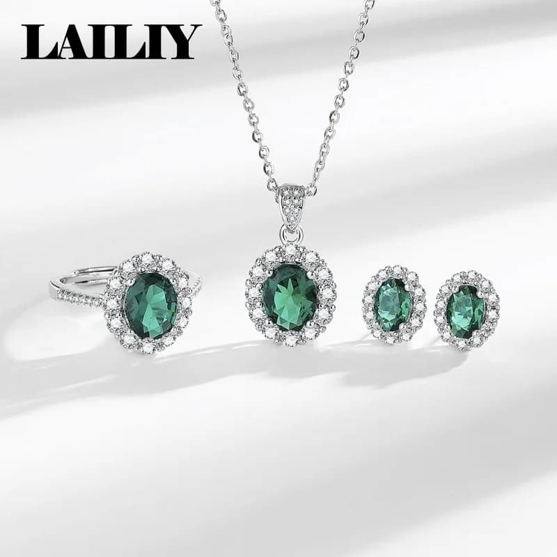 LAILIY925 Sterling Silver Birthday Gift Unique Accessories Emerald Gemstone Set Necklace Ring Earrings Women Fashion Jewelry